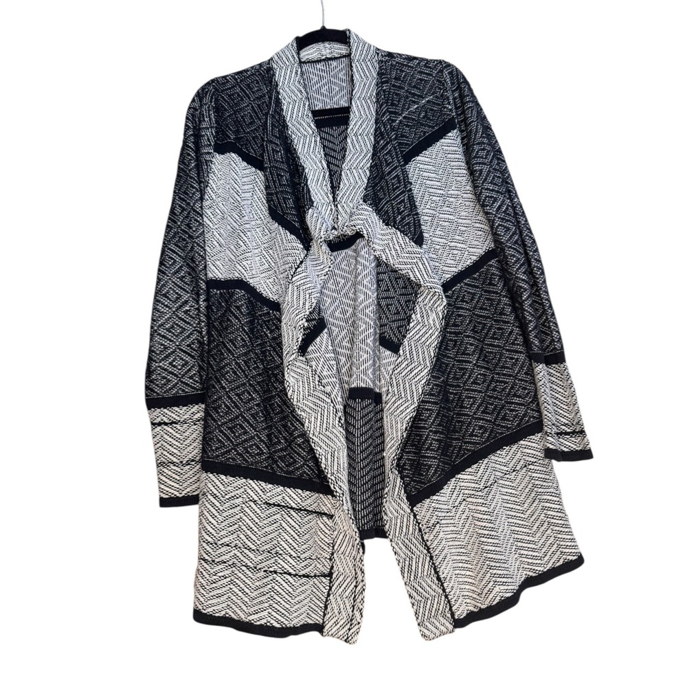 Lucky Brand Designer Cotton Black White Knit Open Long Cardigan Sweater M